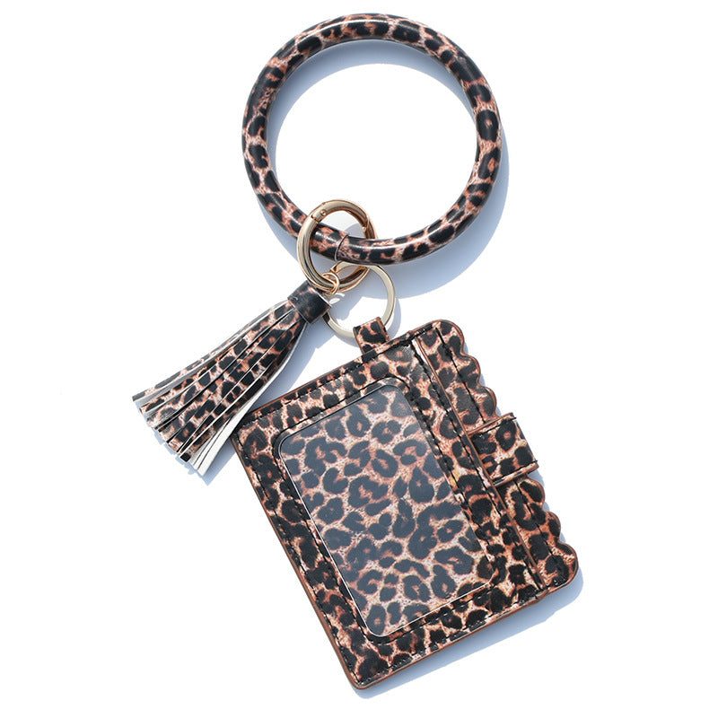 Leopard Print PU Leather Tassel Bangle Keychain