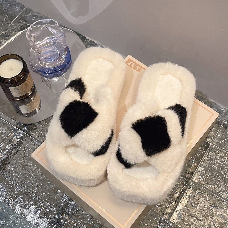 Cross-strap Fuzzy Slippers With 5cm Heel Shoes Women Fashion Winter Indoor Plush House Shoes