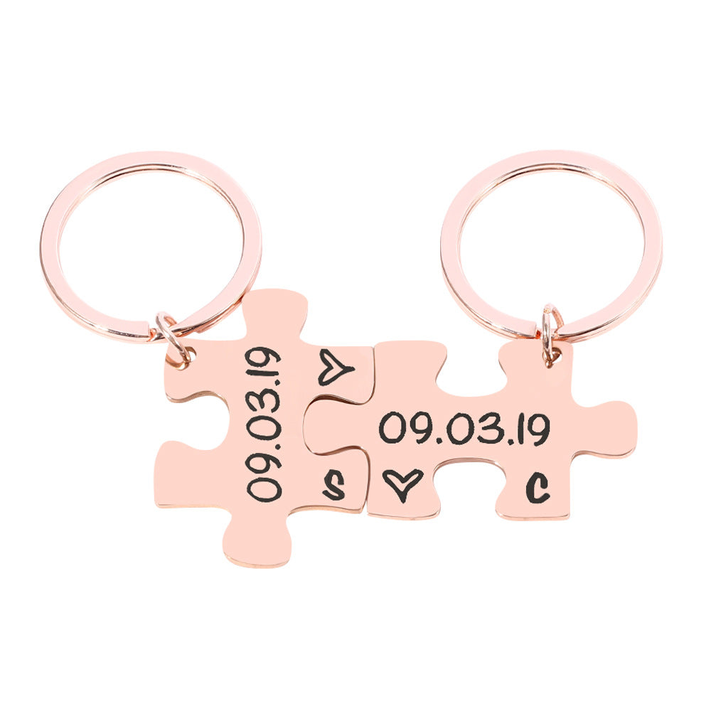 Couple Keychain Gifts Engraving Stainless Steel Couple Puzzle Key Ring