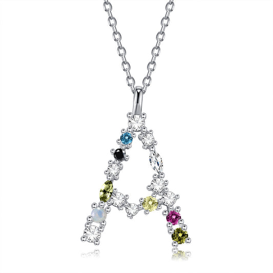 Sterling Silver Letter Necklace Women Fashion 26 Letter Colored Zircon Clavicle Chain