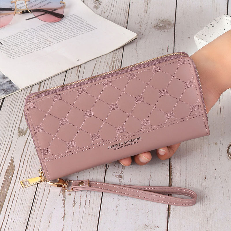 Long Crown Embroidery Thread Single Zip Clutch Wallet Women