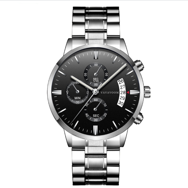 Men's Stainless Steel Watches with Business Leisure Calendar Quartz Watches Waterproof Black Refined Steel Watches