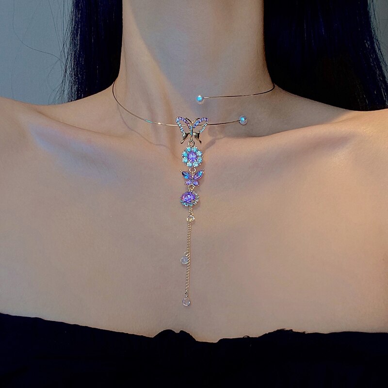 Korean retro amethyst butterfly collar Crystal butterfly necklace