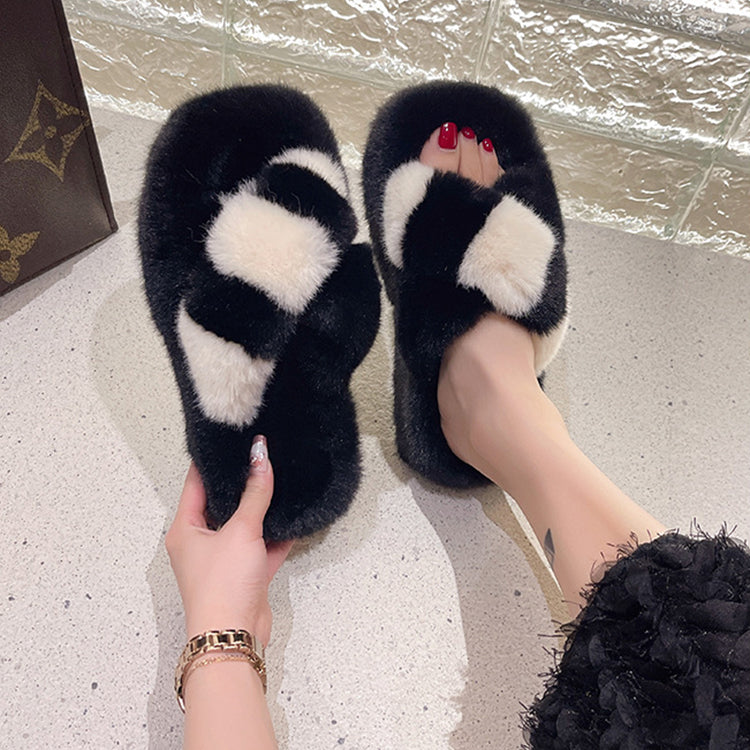 Cross-strap Fuzzy Slippers With 5cm Heel Shoes Women Fashion Winter Indoor Plush House Shoes