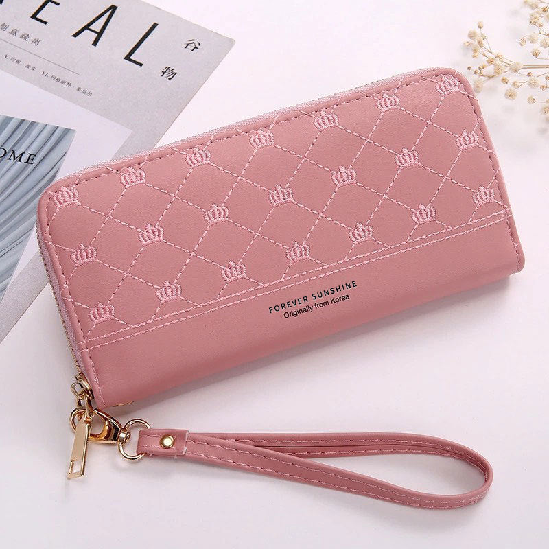 Long Crown Embroidery Thread Single Zip Clutch Wallet Women