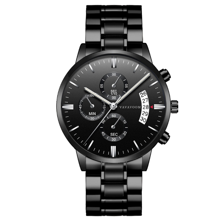 Men's Stainless Steel Watches with Business Leisure Calendar Quartz Watches Waterproof Black Refined Steel Watches