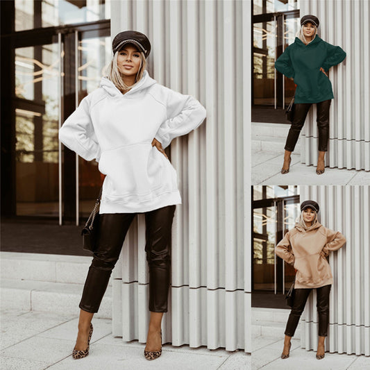 Women's Long Sleeve Solid Color Hooded Slit Sweatshirt