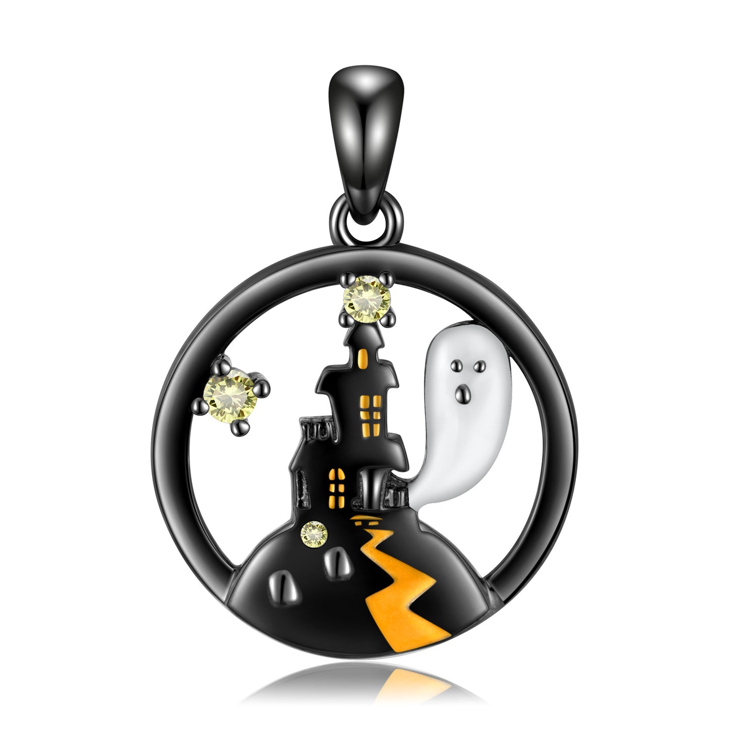 S925 Sterling Silver Electroplated Black Gold Necklace Original Design Halloween Ghost Castle