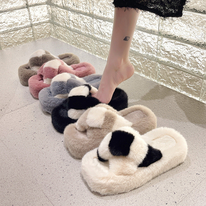 Cross-strap Fuzzy Slippers With 5cm Heel Shoes Women Fashion Winter Indoor Plush House Shoes