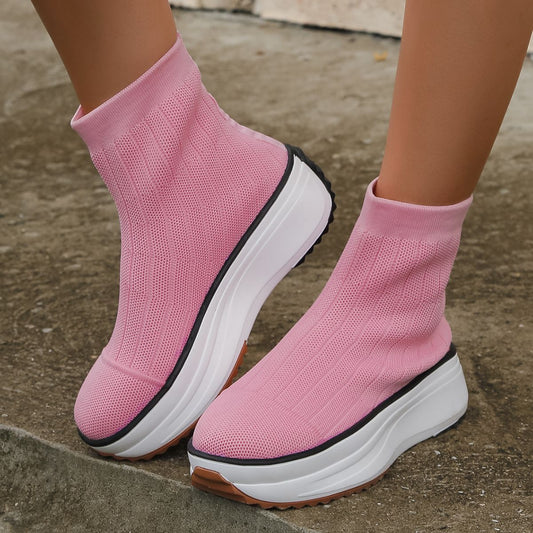 Women's Thick-soled Boots Knitted Round Toe Socks Shoes Casual Breathable Solid Color Flying Knit Ankle Boots