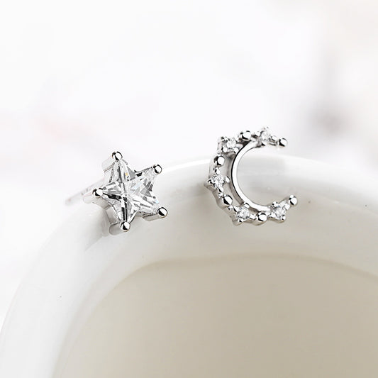 Women's Fashion Sterling Silver Star Moon Asymmetric Stud Earrings